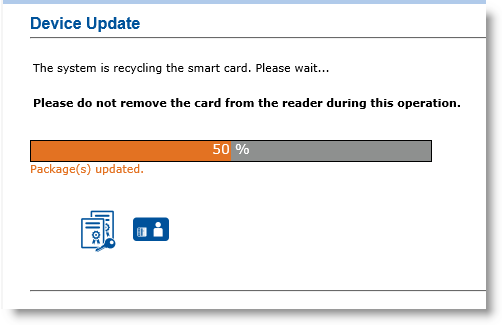 Device Update dialog box displaying a progress bar for the card recycling operation